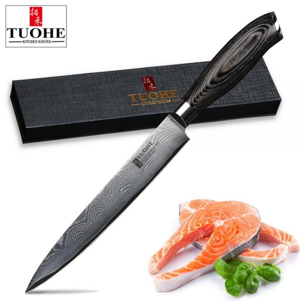 TUOHE 8 Inch Damascus Cleaver Knife Japanese Chef Knife Sashimi Sushi Meat Fillet Knives Kitchen Cooking Tool Pakka Wood Handle (8 inch)