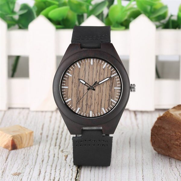 Natural Sandalwood Quartz Watch Movement for Men Premium Leather Band Wooden Watches Practical Luminous Function Wood Watch (Black)