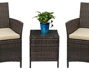 Devoko Patio Porch Furniture Sets 3 Pieces PE Rattan Wicker Chairs with Table Outdoor Garden Furniture Sets (Brown/Beige)