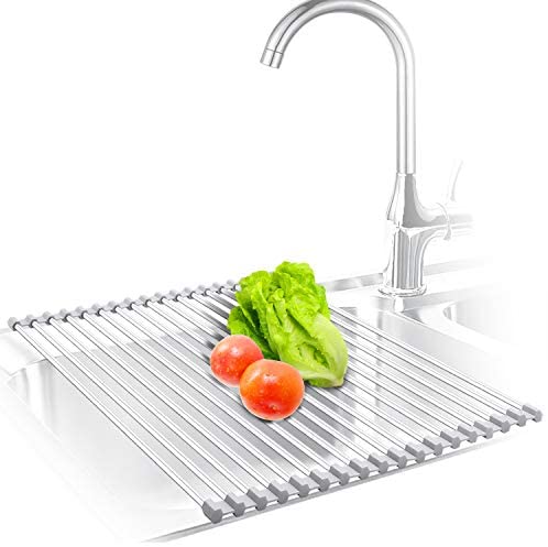 KIBEE Dish Drying Rack Stainless Steel Roll Up Over The Sink Drainer Gadget Tool for Many Kitchen Task(Gray,Large)