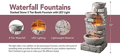 Peaktop 201601PT Floor Stacked Stone 4 Tiered Bowls Waterfall Water Fountain for Outdoor Patio Garden Backyard Decking with Led Lights and Pump, 33" Height, Gray