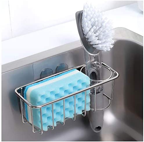 Adhesive Sponge Holder + Brush Holder, 2-in-1 Sink Caddy, SUS304 Stainless Steel Rust Proof Water Proof, No Drilling