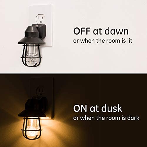 GE Vintage LED Night Light, 2 Pack, Plug-in, Dusk-to-Dawn, Farmhouse Décor, Rustic, UL Listed, Ideal for Bedroom, Nursery, Kitchen, Bathroom, Black Cage, 44737, 2