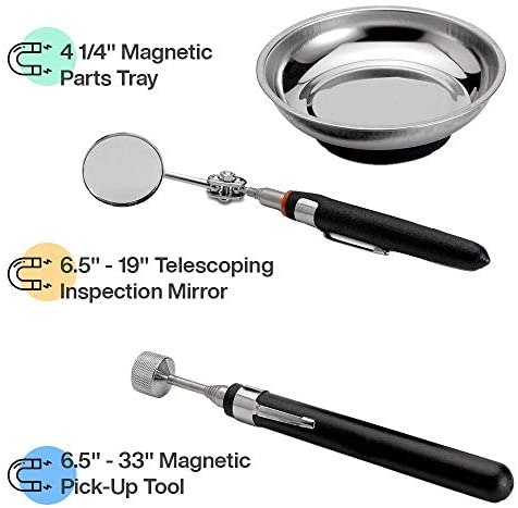 Katzco Magnetic Parts Trays - 3 Pack - Durable Holder with Pick-Up Tool and Telescoping Mirror for Garage, Mechanic, Home, Workshop, Construction Site