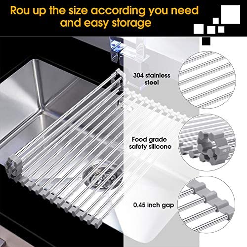 KIBEE Dish Drying Rack Stainless Steel Roll Up Over The Sink Drainer Gadget Tool for Many Kitchen Task(Gray,Large)