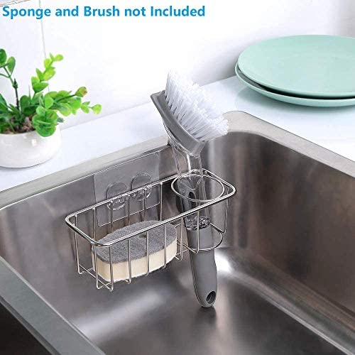 Adhesive Sponge Holder + Brush Holder, 2-in-1 Sink Caddy, SUS304 Stainless Steel Rust Proof Water Proof, No Drilling