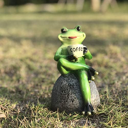 Creative Green Frog Sitting on Stone Statue Drinking Coffee Indoor Outdoor Garden Statue Decoration Collectible Frog Figurine Statue Model Sculpture (6" Frog On Stone)