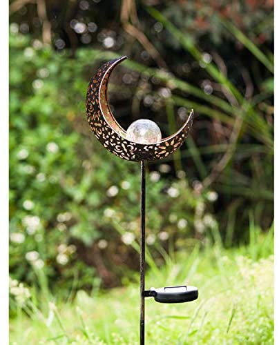 Homeimpro Garden Solar Lights Pathway Outdoor Moon Crackle Glass Globe Stake Metal Lights,Waterproof Warm White LED for Lawn,Patio or Courtyard (Bronze)