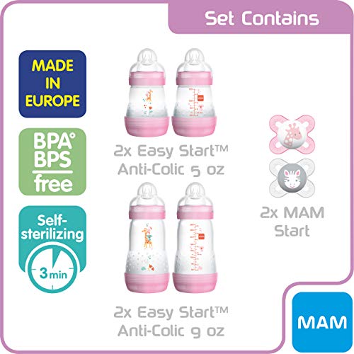 MAM Newborn Essentials "Feed & Soothe" Set (6-Piece), Easy Start Anti-Colic Baby Bottles, 0-2 Month Pacifier, Baby Shower Gifts for Baby Girl, Purple