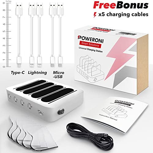 Poweroni USB Charging Station Dock - 4-Port - Fast Charge Docking Station for Multiple Devices - Multi Device Charger Organizer - Compatible with Apple iPad iPhone and Android Cell Phone and Tablet
