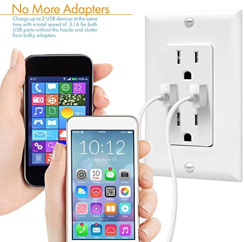 TOPGREENER 3.1A USB Outlet, USB Wall Outlet, 15A TR Receptacle, for iPhone XS/MAX/XR/X/8/7/6s/Plus, iPad, LG, HTC and more, Compatible Samsung Galaxy S9/S8/S7/S6, Note9/8/7 and more, 2-Pack, White