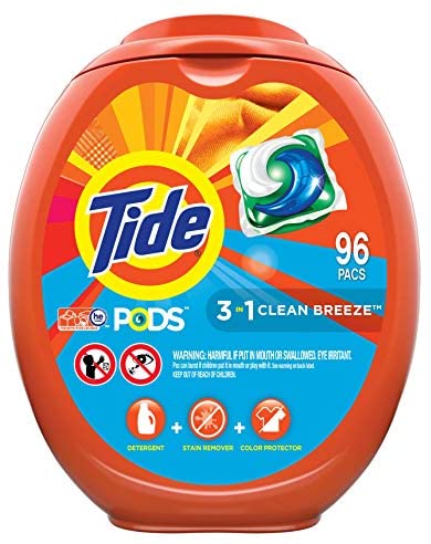 Tide PODS Laundry Detergent Liquid Pacs, Clean Breeze Scent, HE Compatible, 96 Count (Packaging May Vary)