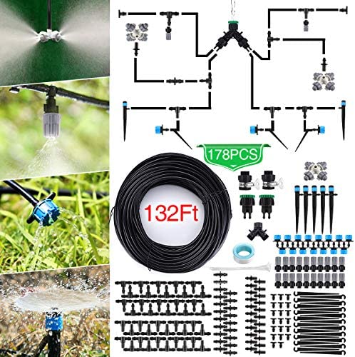 Jeteven 132ft/40m Drip Irrigation Kit Hydroponics Supplies System Drippers Tubing Accessories Tree Watering Automatic Plant Garden Hose Water Sprinkler, Set for Garden Greenhouse Flower Bed Patio Lawn