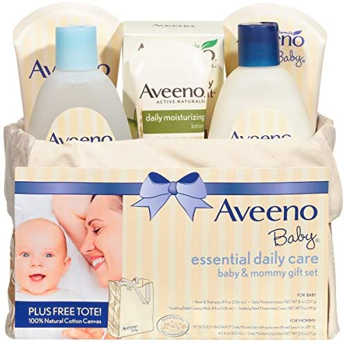Aveeno Baby Essential Daily Care Baby & Mommy Gift Set featuring a Variety of Skin Care and Bath Products to Nourish Baby and Pamper Mom, Baby Gift for New and Expecting Moms, 6 items