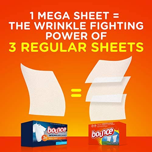 Bounce WrinkleGuard Mega Dryer Sheets, Fabric Softener and Wrinkle Releaser Sheets, Outdoor Fresh Scent, 120 Count (Pack of 2, 60 Count Each)