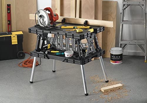 Keter Folding Table Work Bench for Miter Saw Stand, Woodworking Tools and Accessories with Included 12 Inch Wood Clamps – Easy Garage Storage