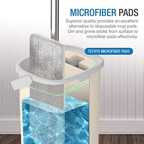 TETHYS Flat Floor Mop and Bucket Set for Professional Home Floor Cleaning System with Aluminum Handle/2-Washable Microfiber Pads Perfect Home + Kitchen Cleaner for Hardwood, Laminate, Tiles, Vinyl