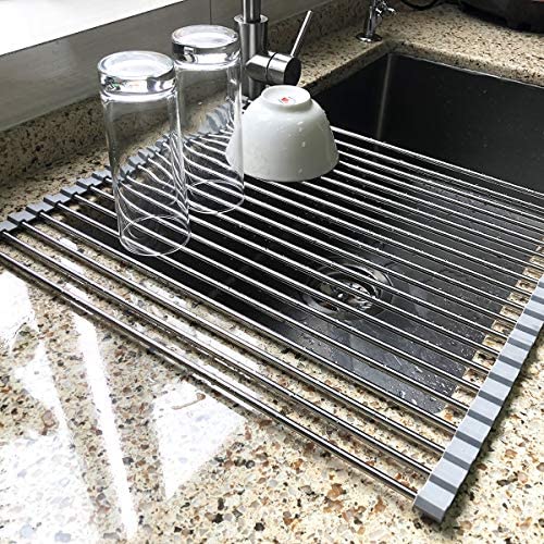 Large Dish Drying Rack, Attom Tech Home Roll Up Dish Racks Multipurpose Foldable Stainless Steel Over Sink Kitchen Drainer Rack for Cups Fruits Vegetables