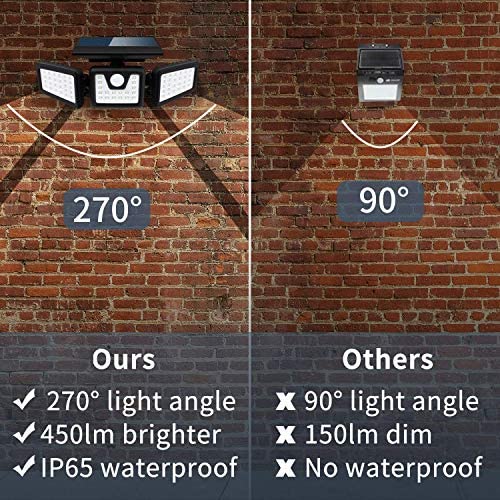 Otdair Solar Security Lights, 3 Head Motion Sensor Lights Adjustable 70LED Flood Lights Outdoor Spotlights 360° Rotatable IP65 Waterproof for Porch Garden Patio Yard Garage Pathway, 2 Pack