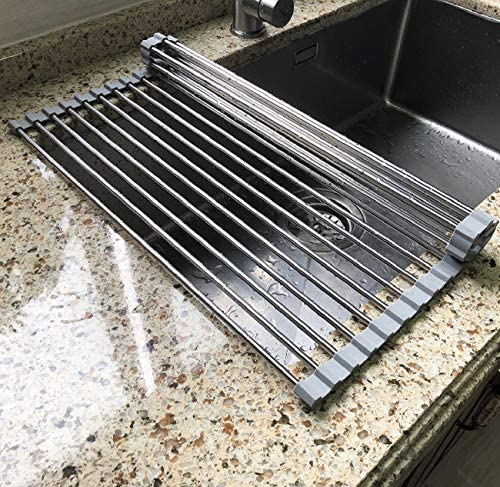 17.7" x 11.5" Long Dish Drying Rack, Attom Tech Home Roll Up Dish Racks Multipurpose Foldable Stainless Steel Over Sink Kitchen Drainer Rack for Cups Fruits Vegetables