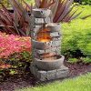 Peaktop 201601PT Floor Stacked Stone 4 Tiered Bowls Waterfall Water Fountain for Outdoor Patio Garden Backyard Decking with Led Lights and Pump, 33" Height, Gray