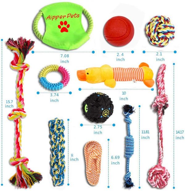 Aipper Dog Puppy Toys 12 Pack, Puppy Chew Toys for Playtime and Teeth Cleaning, IQ Treat Ball Squeak Toys and Dog Flying Disc Included, Puppy Teething Toys for Medium to Small Dogs, (Assorted Colors)