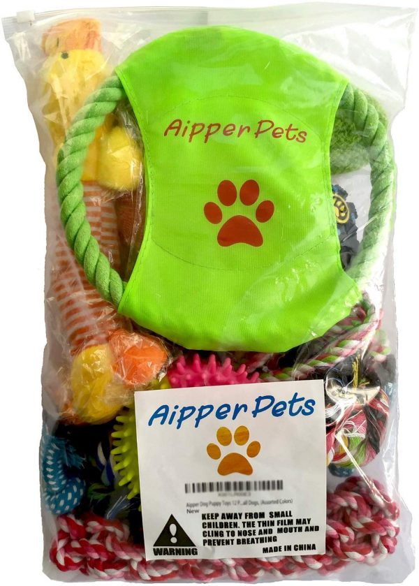 Aipper Dog Puppy Toys 12 Pack, Puppy Chew Toys for Playtime and Teeth Cleaning, IQ Treat Ball Squeak Toys and Dog Flying Disc Included, Puppy Teething Toys for Medium to Small Dogs, (Assorted Colors)