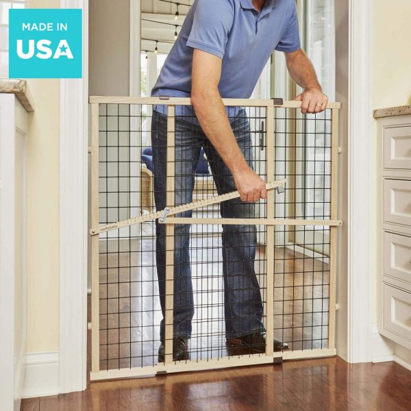 North States MyPet 37" Tall & 48" Wide Wire Mesh Gate: Simply Expand and Lock in Place. Pressure Mount. Fits 29.5"- 48" Wide (37" Tall, Sustainable Hardwood)