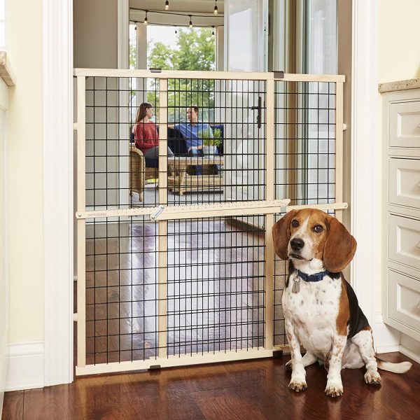 North States MyPet 37" Tall & 48" Wide Wire Mesh Gate: Simply Expand and Lock in Place. Pressure Mount. Fits 29.5"- 48" Wide (37" Tall, Sustainable Hardwood)