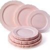 PARTY DISPOSABLE 30 PC DINNERWARE SET | 10 Dinner Plates | 10 Salad Plates | 10 Dessert Plates | Heavyweight Plastic Dishes | Fine China Look | Upscale Wedding and Dining (Vintage Collection - Blush)
