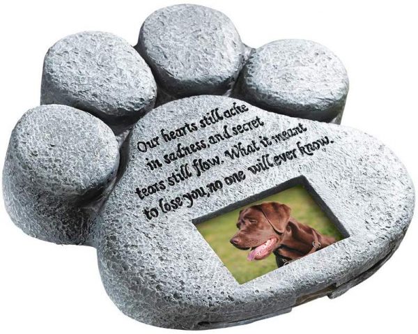 ETC Paw Print Pet Outdoor Memorial Stone, with 2"x3" Picture Frame and Tribute Poem for Garden, Backyard, Lawn, Grave or Tombstone, Grey