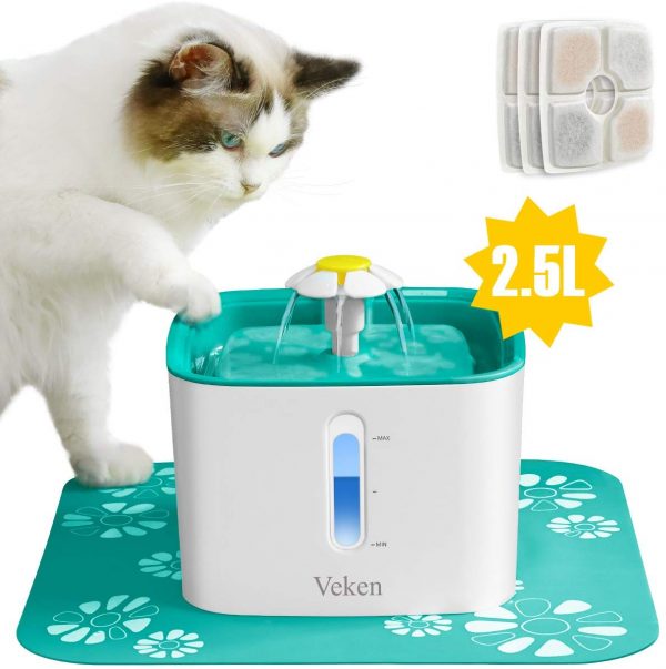 Veken Cat Water Fountain, 2.5L Automatic Pet Water Fountain Dog Water Dispenser with 3 Replacement Filters 1 Silicone Mat for Cats and Small to Medium Dogs